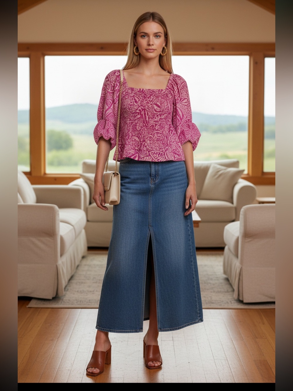 Sienna Sky Pink and Cream Leaf Print Cropped Blouse